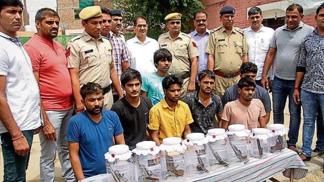 The accused in police custody in Rohtak police on Monday. (Manoj Dhaka/HT) The accused in police custody in Rohtak police on Monday. (Manoj Dhaka/HT)