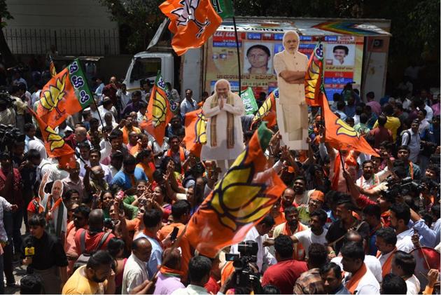 BS Yeddyurappa won in his Shikaripura constituency by 35,397 votes. His close aides from his cabinet when he was chief minister after the 2008 assembly elections were also leading. (Arijit Sen / HT Photo)