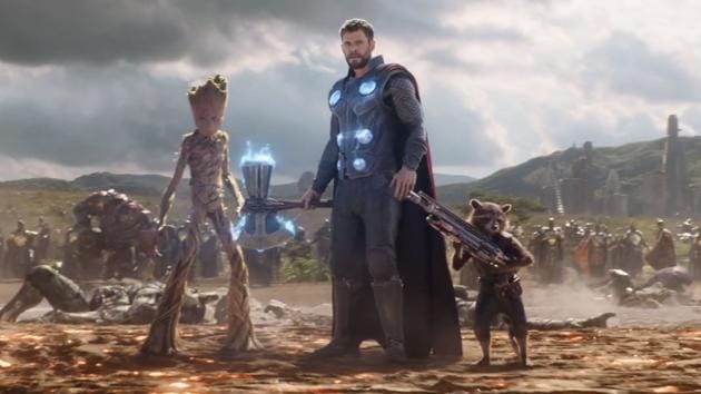 Thor, Rocket Raccoon and Groot arrive to fight at the Battle of Wakanda in a still from Avengers: Infinity War.