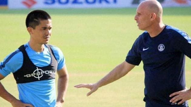 Bhaichung Bhutia (not in pic) feels Indian football team coach Stephen Constantine should build a strong core squad around players such as skipper Sunil Chhetri, and then build on it adding new and young players as they emerge.(HT Photo)