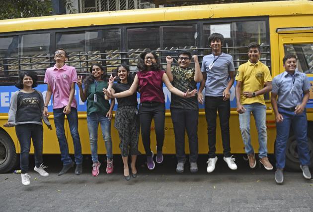 Students of Lilavatibai Podar school in Santacruz, including all-India topper Priya Khajanchi (5th from left) and Abhijnan Chakraborty (next to her), celebrate their success. (HT Photo) Students of Lilavatibai Podar school in Santacruz, including all-India topper Priya Khajanchi (5th from left) and Abhijnan Chakraborty (next to her), celebrate their success. (HT Photo)