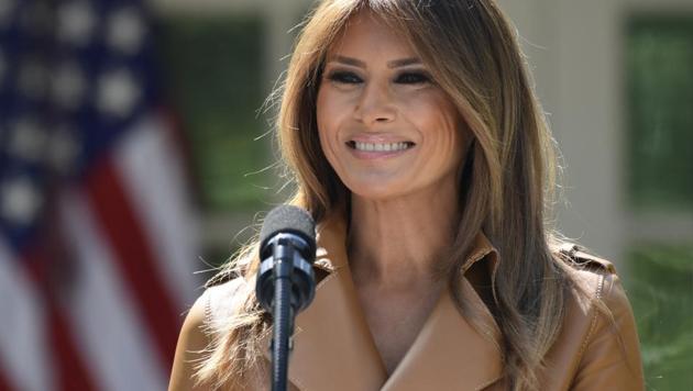 First lady Melania Trump speaks on her initiatives during an event in the Rose Garden of the White House in Washington on May 7. The White House says Trump is hospitalized after undergoing a procedure to treat a benign kidney condition.(AP)