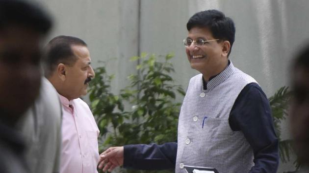Railway minister Piyush Goel is seen outside the residence of BJP president Amit Shah after being given additional charges of finance ministry in New Delhi on Tuesday. (Vipin Kumar / HT Photo) Railway minister Piyush Goel is seen outside the residence of BJP president Amit Shah after being given additional charges of finance ministry in New Delhi on Tuesday. (Vipin Kumar / HT Photo)