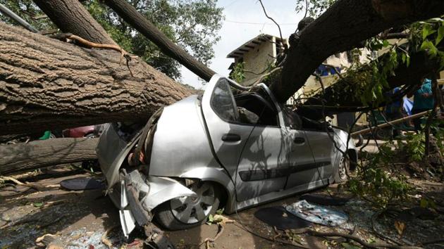 A tree fell on a car after an overnight dust storm hit Delhi in the early hours of Wednesday. (Arvind Yadav / HT Photo) A tree fell on a car after an overnight dust storm hit Delhi in the early hours of Wednesday. (Arvind Yadav / HT Photo)