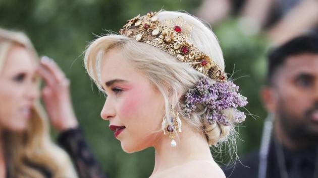 Actor Emilia Clarke arrives at the Metropolitan Museum of Art Costume Institute Gala (Met Gala) to celebrate the opening of Heavenly Bodies: Fashion and the Catholic Imagination in the Manhattan.(REUTERS)