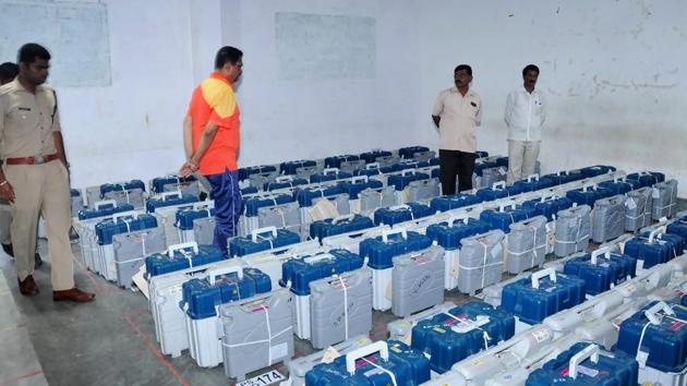 Chikmagalur: EVMs being stored in a strong room at Chikmagalur in Karnataka on Sunday, ahead of Assembly polls. PTI Photo (PTI5_13_2018_000126B)(PTI) Chikmagalur: EVMs being stored in a strong room at Chikmagalur in Karnataka on Sunday, ahead of Assembly polls. PTI Photo (PTI5_13_2018_000126B)(PTI)