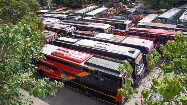 Buses seized by RTO parked at Shivajinagar. (Sanket Wankhade/HT PHOTO) Buses seized by RTO parked at Shivajinagar. (Sanket Wankhade/HT PHOTO)
