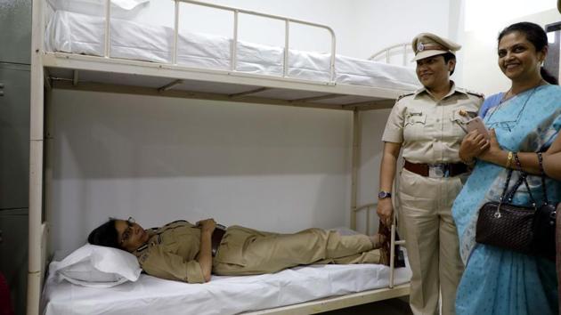A fully equipped retiring room for policewomen, provided by the Rotary club of Pune NIBM’s 8th Infrastructure For Women Police (IWP), was inaugurated by Rashmi Shukla, commissioner of Pune police at the commissionerate on Monday. The room has six bunk beds, 18 lockers, two washrooms, one bathroom, one dressing table, full height mirror, writing table and six chairs. Shukla thanked the Rotarians for providing policewomen with the required basic infrastructure. (Rahul Raut/HT PHOTO) A fully equipped retiring room for policewomen, provided by the Rotary club of Pune NIBM’s 8th Infrastructure For Women Police (IWP), was inaugurated by Rashmi Shukla, commissioner of Pune police at the commissionerate on Monday. The room has six bunk beds, 18 lockers, two washrooms, one bathroom, one dressing table, full height mirror, writing table and six chairs. Shukla thanked the Rotarians for providing policewomen with the required basic infrastructure. (Rahul Raut/HT PHOTO)