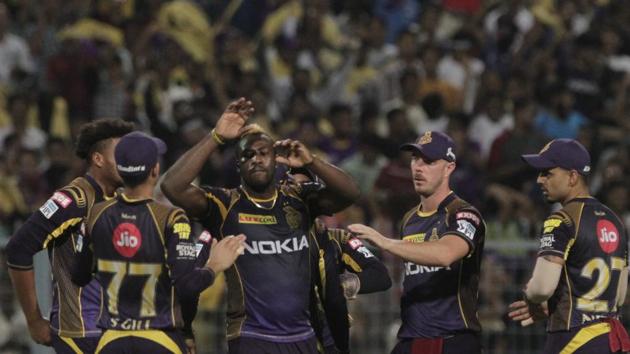 Andre Russel took Rahul Tripathi’s wicket to give Kolkata Knight Riders some relief. (AP) Andre Russel took Rahul Tripathi’s wicket to give Kolkata Knight Riders some relief. (AP)