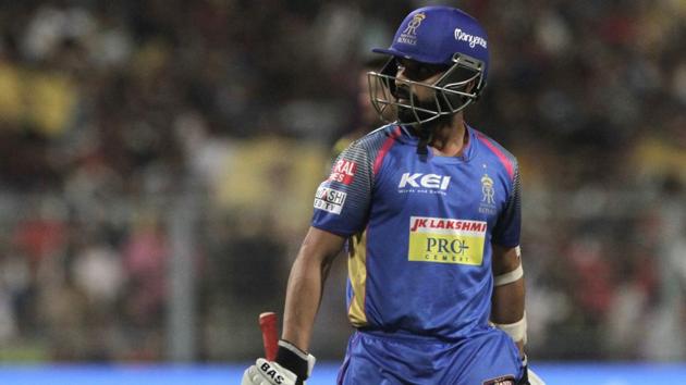 Ajinkya Rahane’s Rajasthan Royals suffered a six-wicket loss to Kolkata Knight Riders which has dented their play-off hopes.(AP)