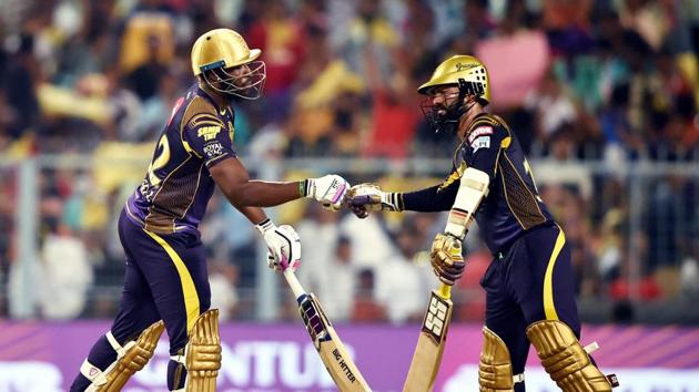 Karthik and Andre Russell calmly guided Kolkata Knight Riders over the line with a six-wicket win with two overs to spare. This result boosted KKR’s play-off chances and dented RR’s hopes. (PTI) Karthik and Andre Russell calmly guided Kolkata Knight Riders over the line with a six-wicket win with two overs to spare. This result boosted KKR’s play-off chances and dented RR’s hopes. (PTI)