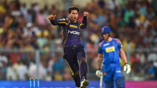 Kolkata Knight Riders kept their play-off hopes alive with a six-wicket win over Rajasthan Royals with Kuldeep Yadav coming back to form with a haul of 4/20.(PTI)