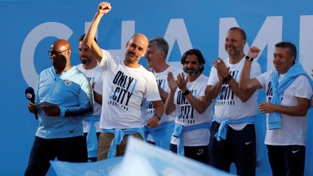 Pep Guardiola helped Manchester City to the Premier League title as they became the first side to notch up 100 points in the history of the tournament.(Action Images via Reuters)