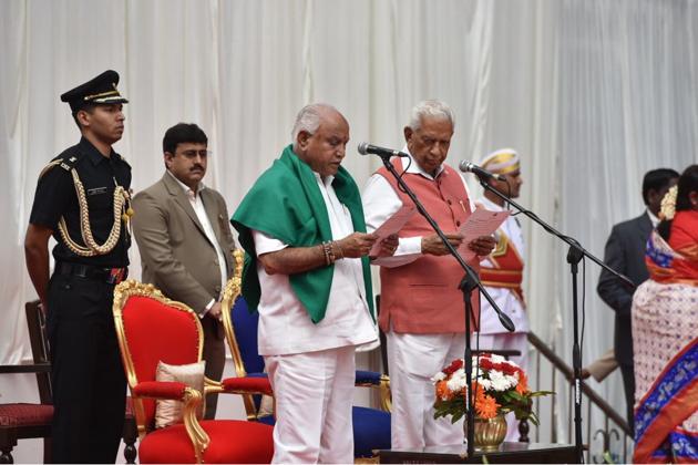 Yeddyruppa took oath as planned but on Friday when the apex court hears the matter again, he will have to produce the two letters dated May 15 and 16 he has written to Governor Vajubhai Vala to stake his claim for government formation. (Arijit Sen / HT Photo)