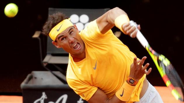 Spain's Rafael Nadal in action during his Italian Open third round match against Canada's Denis Shapovalov in Rome on Thursday. (REUTERS) Spain's Rafael Nadal in action during his Italian Open third round match against Canada's Denis Shapovalov in Rome on Thursday. (REUTERS)