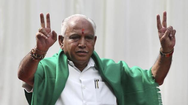 BS Yeddyurappa oath ceremony was administered by the Karnataka governor Vajubhai Vala in Raj Bhavan in Bengaluru on Thursday.(AP)