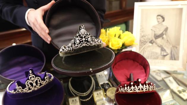 Diamond tiaras displayed at Bradley & Skinner, an antique & period jewellery specialist in London. Meghan Markle will have access to one of the world’s most remarkable jewellery collections for her wedding but the question of will she wear one, remains. London jewellers are hoping Markle will bring tiaras back in fashion when she walks down the aisle. (Kirsty Wigglesworth / AP)