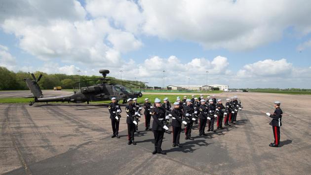 The Regiment Army Air Corps led by Lieutenant Colonel N English at Wattisham Airfield in Suffolk as they prepare for the royal wedding. More than 250 members of the armed forces will take part in the couple’s marriage. (Aaron Chown / WPA Pool / Getty Images)