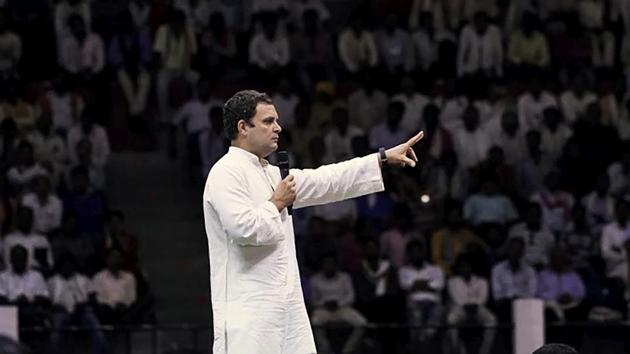 Congress President Rahul Gandhi speaks during Jan Swaraj Sammelan in Raipur on Thursday.(PTI Photo)