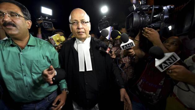 Senior Congress leader Abhishek Singhvi arrives at Supreme Court for the hearing of Congress & JD(S) petition challenging Karnataka Governor's decision in New Delhi on Thursday.(PTI Photo)