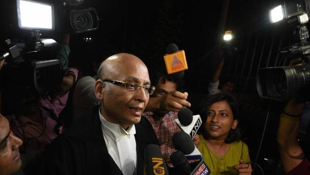 Abhishek Manu Singhvi arrives at Supreme Court for the hearing of a Congress and JD(S) petition challenging the Karnataka Governor’s decision. “The BJP has only 104 MLAs, the Governor invited Yeddyurappa to form government in an unconstitutional manner,” senior counsel Singhvi, who appeared for the Congress, told the three-member bench of Justices A.K. Sikri, S.A. Bobde and Ashok Bhushan, during a midnight hearing. (Arvind Yadav / HT Photo)
