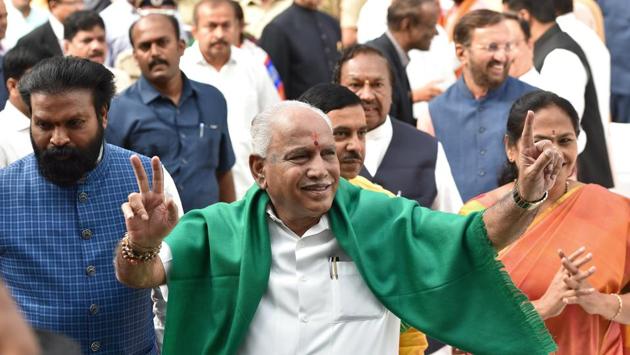BJP leaders BS Yeddyurappa was sworn in as Karnataka’s new chief minister on Thursday morning. (Arijit Sen / HT Photo) BJP leaders BS Yeddyurappa was sworn in as Karnataka’s new chief minister on Thursday morning. (Arijit Sen / HT Photo)