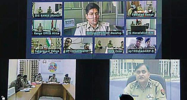 DGP OP Singh interacting with ADGs, IGs, DIGs and police chiefs through the integrated video conferencing system. (HT Photo) DGP OP Singh interacting with ADGs, IGs, DIGs and police chiefs through the integrated video conferencing system. (HT Photo)