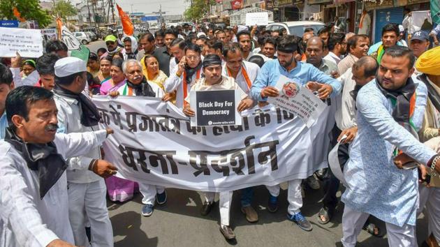 In Bhopal, Congress activists took part in the protest rally at Raj Bhawan. State units there were urged to use ‘evocative slogans and innovative techniques to highlight the travesty’ and also seek the support of civil society organisations. (PTI) In Bhopal, Congress activists took part in the protest rally at Raj Bhawan. State units there were urged to use ‘evocative slogans and innovative techniques to highlight the travesty’ and also seek the support of civil society organisations. (PTI)