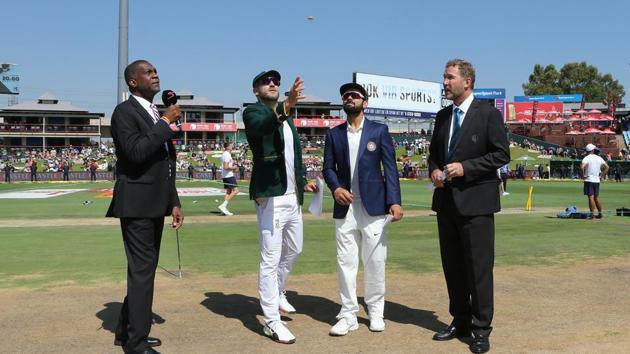 Faf du Plessis (c) of South Africa and Virat Kohli (captain) of India at the toss during the first day of the second Test at the SuperSport Park in Centurion, South Africa on January 13, 2018. ICC may do away with the coin toss.(BCCI)