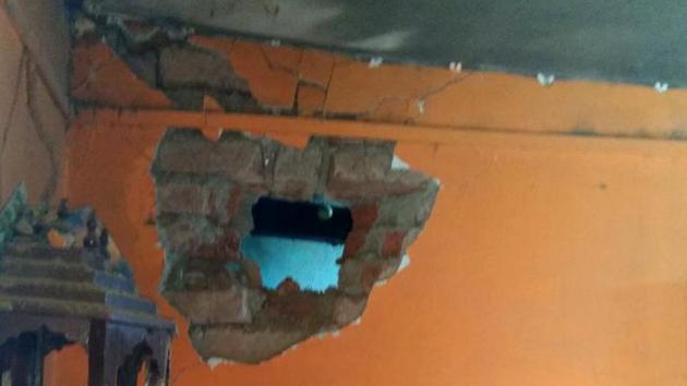 The blasting left a hole in the wall. (HT Photo) The blasting left a hole in the wall. (HT Photo)