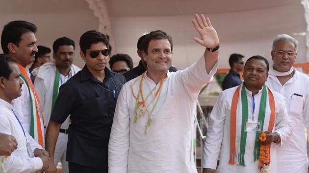 Congress president Rahul Gandhi during Jungle Satyagraha Adivasi rally, at Pendra in Bilaspur, Chhattisgarh on May 17, 2018. (HT Photo) Congress president Rahul Gandhi during Jungle Satyagraha Adivasi rally, at Pendra in Bilaspur, Chhattisgarh on May 17, 2018. (HT Photo)