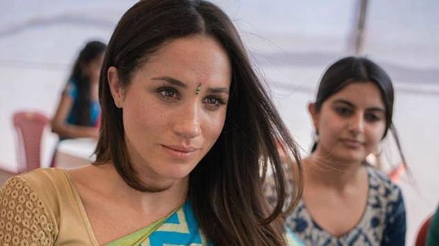 Meghan Markle looked elegant wearing a beautiful green-and-blue saree on her 2017 India visit. (Instagram) Meghan Markle looked elegant wearing a beautiful green-and-blue saree on her 2017 India visit. (Instagram)