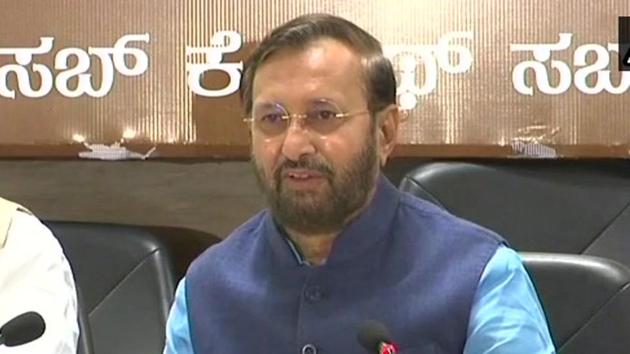 Union minister Prakash Javadekar speaks during a press conference in Bengaluru after BJP leader BS Yeddyurappa resigned as Karnataka chief minister on Saturday. (ANI Photo) Union minister Prakash Javadekar speaks during a press conference in Bengaluru after BJP leader BS Yeddyurappa resigned as Karnataka chief minister on Saturday. (ANI Photo)