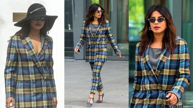 Priyanka Chopra looked like the epitome of travel chic in her tailored blue and green pantsuit.(Instagram)