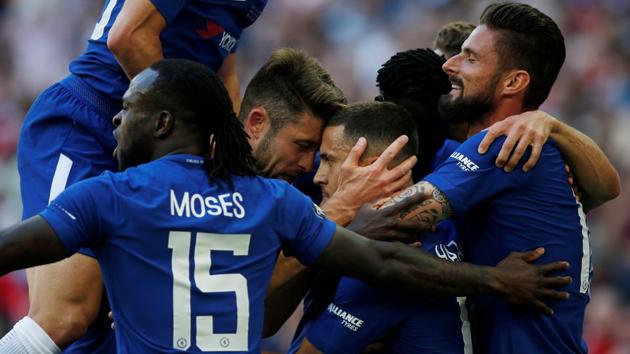 Chelsea's Eden Hazard celebrates scoring their goal in the FA Cup final against Manchester United at the Wembley Stadium, London, on Saturday.(Reuters)