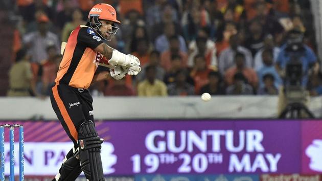 Shikhar Dhawan slammed his 32nd fifty as Sunrisers Hyderabad were on course for a big score against Kolkata Knight Riders. (PTI) Shikhar Dhawan slammed his 32nd fifty as Sunrisers Hyderabad were on course for a big score against Kolkata Knight Riders. (PTI)