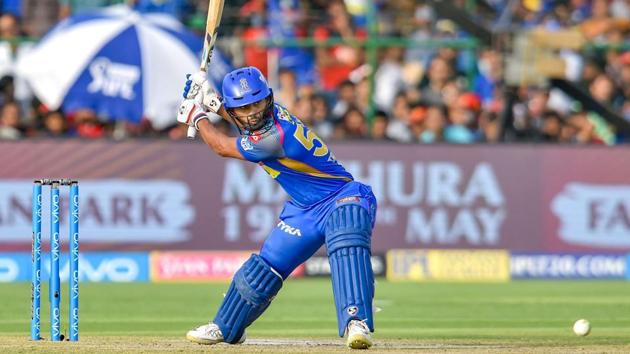 Rajasthan Royals' Rahul Tripathi plays a shot against Royal Challengers Bangalore during their IPL T20 cricket match in Jaipur on Saturday.(PTI)