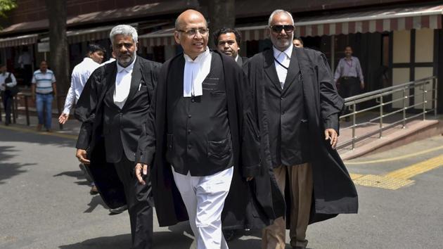 Congress leader and advocate Abhishek Manu Singhvi comes out of Supreme Court, in New Delhi, on Saturday.(PTI Photo)