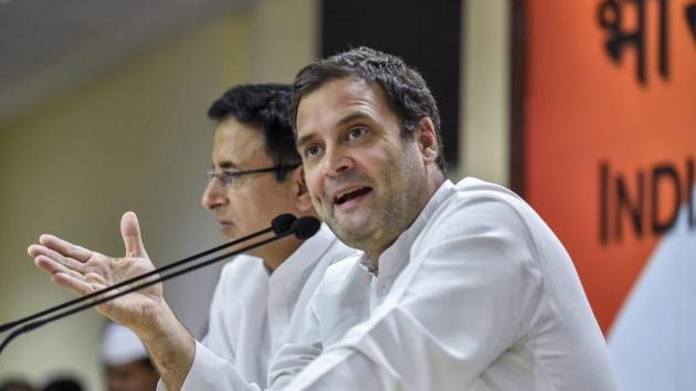 Congress president Rahul Gandhi addresses the media at party office in New Delhi after BS Yeddyurappa resigned as Karnataka chief minister on Saturday. (PTI Photo) Congress president Rahul Gandhi addresses the media at party office in New Delhi after BS Yeddyurappa resigned as Karnataka chief minister on Saturday. (PTI Photo)