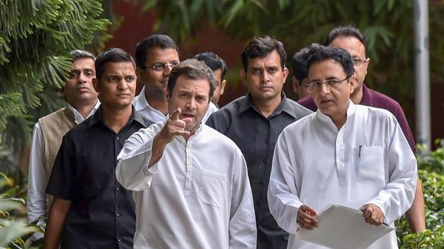 Congress President Rahul Gandhi arrives to address a press conference at party office, in New Delhi, on Saturday.(PTI Photo)