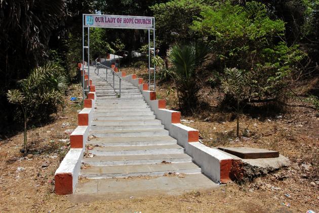 Atop the hill is a small church called Our Lady of Hope Church, which is under the purview of St John the Baptist Church in Thane. (PRAFUL GANGURDE/HT PHOTO)