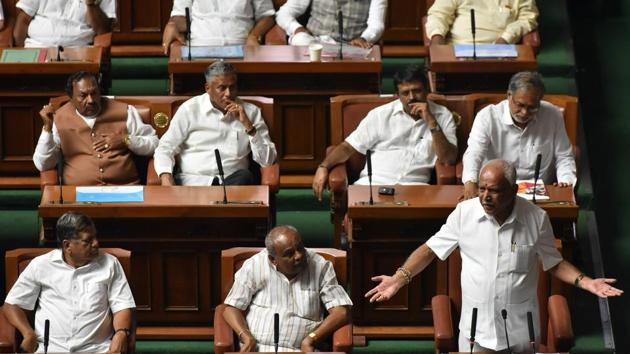 BS Yeddyurappa addressing the Karnataka assembly before resigning as the chief minister on Saturday.(Arijit Sen/HT Photo) BS Yeddyurappa addressing the Karnataka assembly before resigning as the chief minister on Saturday.(Arijit Sen/HT Photo)