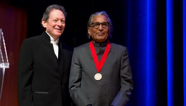 Prof Balkrishna Doshi at the Pritzker Prize ceremony in Toronto, along with Tom Pritzker, chair of the Hyatt Foundation, which sponsors the award.(Photo: The Hyatt Foundation/Pritzker Architecture Prize) Prof Balkrishna Doshi at the Pritzker Prize ceremony in Toronto, along with Tom Pritzker, chair of the Hyatt Foundation, which sponsors the award.(Photo: The Hyatt Foundation/Pritzker Architecture Prize)