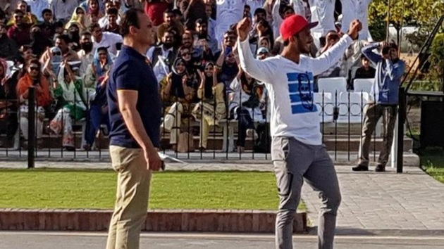 Pakistan cricketer Hasan Ali was seen showing off his trademark wicket celebration during the flag-lowering ceremony at the Wagah border on April 22, which infuriated India’s Border Security Force officials. (Twitter/TheRealPCB) Pakistan cricketer Hasan Ali was seen showing off his trademark wicket celebration during the flag-lowering ceremony at the Wagah border on April 22, which infuriated India’s Border Security Force officials. (Twitter/TheRealPCB)