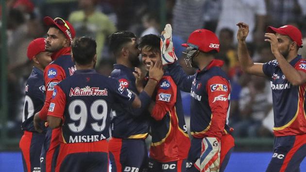 Sandeep Lamichhane celebrates the wicket of Evin Lewis during match fifty five of the 2018 Indian Premier League (IPL) between Delhi Daredevils and Mumbai Indians held at the Feroz Shah Kotla. Follow highlights of Delhi Daredevils vs Mumbai Indians, IPL 2018 match here(AP)