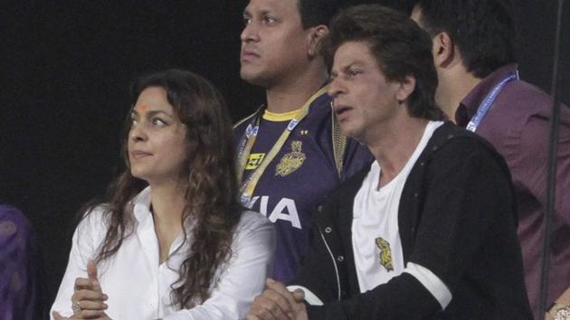 Kolkata Knight Riders co-owners Juhi Chawla (L) and Shah Rukh Khan pictured during an IPL 2018 game earlier this season. (AP) Kolkata Knight Riders co-owners Juhi Chawla (L) and Shah Rukh Khan pictured during an IPL 2018 game earlier this season. (AP)
