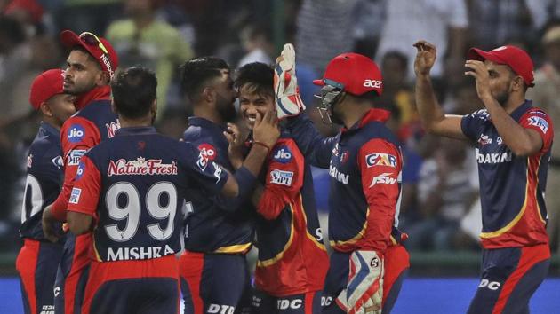 Delhi Daredevils celebrate their 11-run victory over Mumbai Indians in the penultimate game of the league phase of IPL 2018 at the Ferozeshah Kotla in New Delhi on Sunday.(AP)