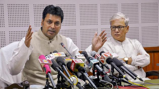 A file photo of Tripura chief minister Biplab Kumar Deb and deputy chief minister Jishnu Dev Varma in Agartala. (PTI) A file photo of Tripura chief minister Biplab Kumar Deb and deputy chief minister Jishnu Dev Varma in Agartala. (PTI)