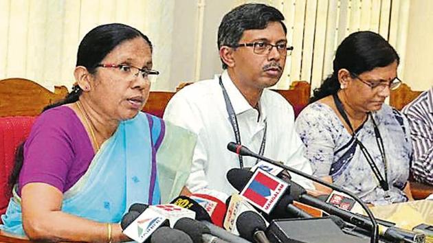 Kerala health minister KK Shailaja (left) has been camping in the Nipah virus-affected Kozhikode district.(HT Photo)