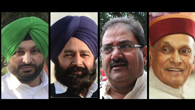 (Left to right) Ravneet Singh Bittu, Sher Singh Ghubaya, Abhay Chautala and Prem Kumar Dhumal. (HT Photo) (Left to right) Ravneet Singh Bittu, Sher Singh Ghubaya, Abhay Chautala and Prem Kumar Dhumal. (HT Photo)